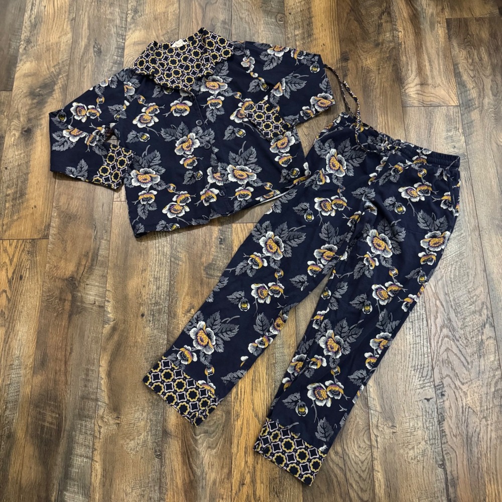 Vera Bradley Womens Blue Floral Cotton‎ Pajama Set Small Button Front Sleepwear